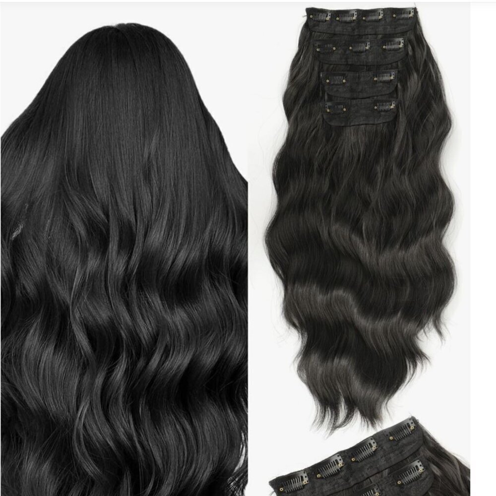 Voluminizing Full head Hair Extensions Set in Black - Clip ins 24 in long - Picture 3 of 9
